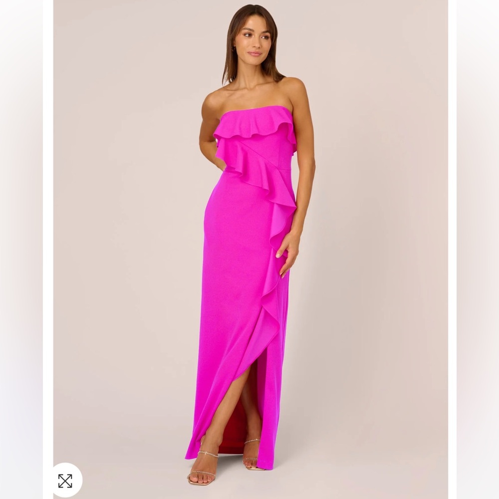 Adrianna Papell Hot Pink Strapless Ruffle Slit Gown Long Maxi Dress size 12